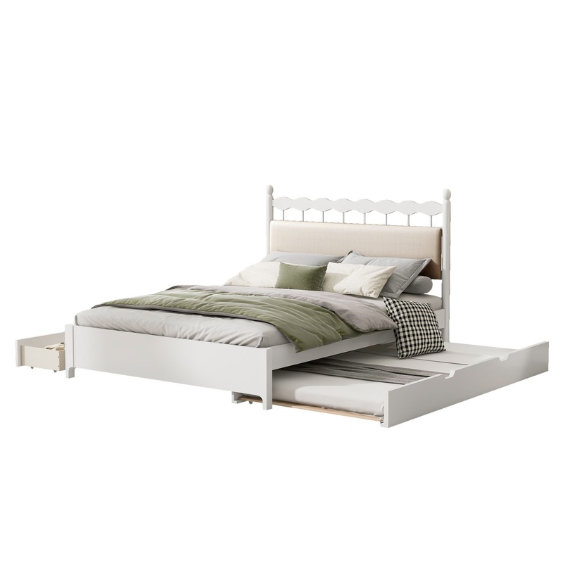 Queen Size Storage Platform Bed With 2 Big Drawers Twin Size Trundle – White