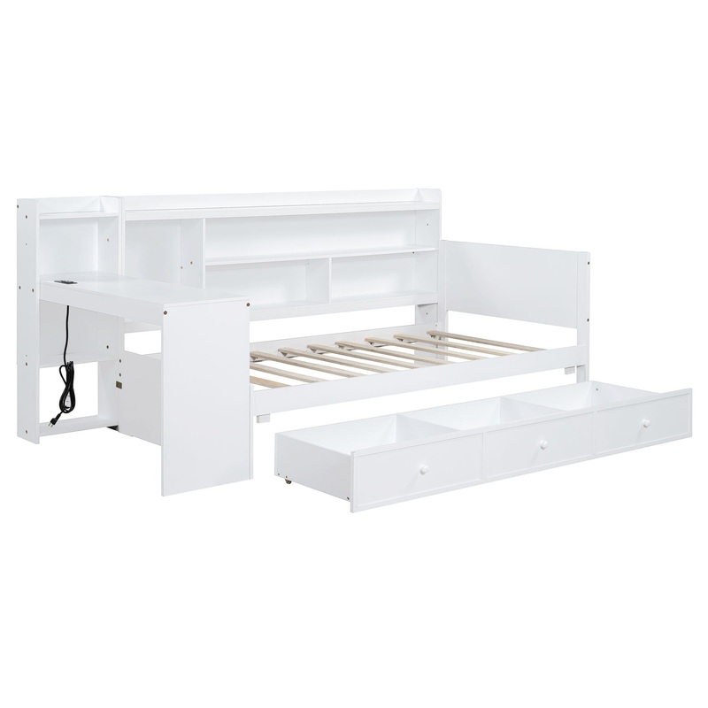 Twin Size Daybed With 3 Drawers USB Ports And Desk – White