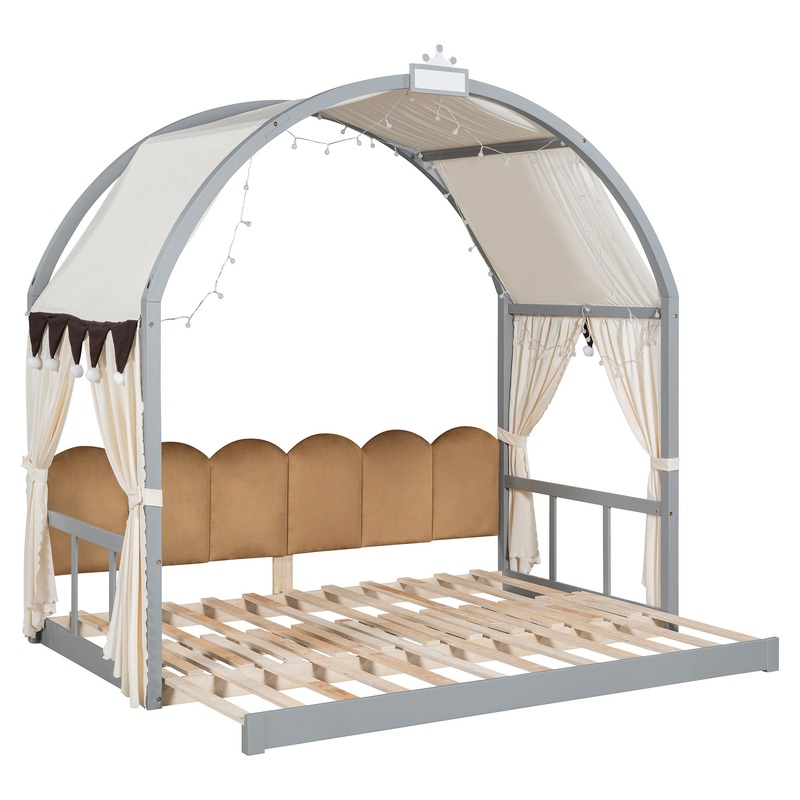 Twin Size Extended Bed With Arched Roof And Trundle – Gray