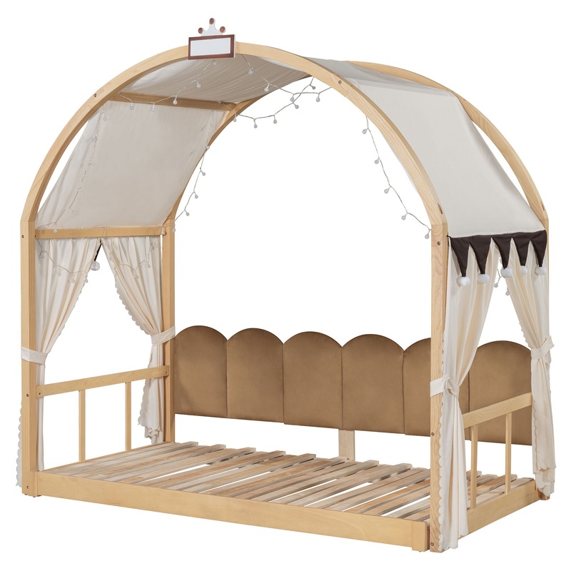 Twin Size Extended Bed With Arched Roof And Trundle – Natural