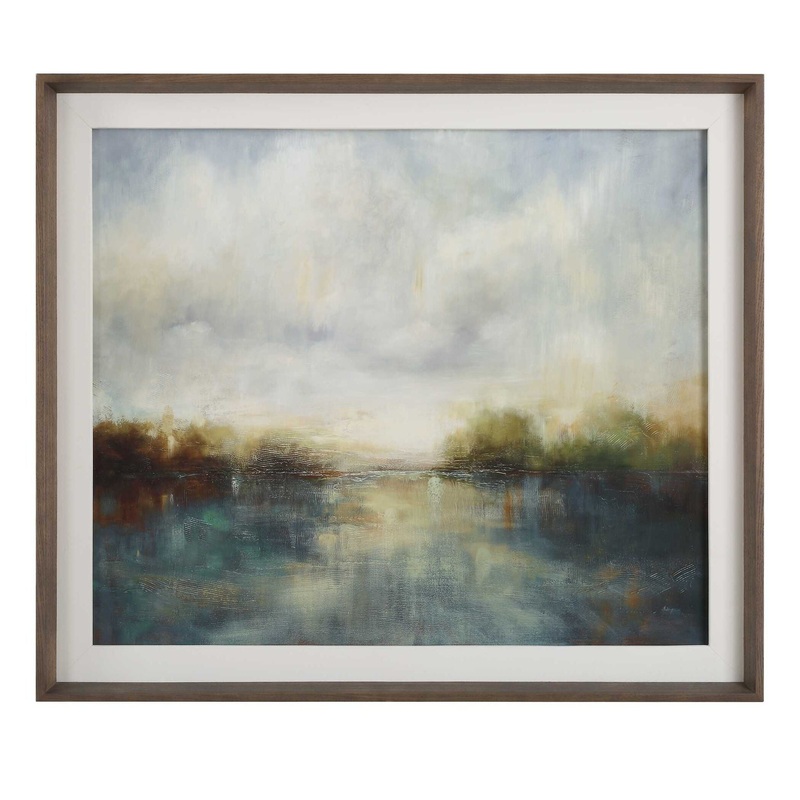 Blue Reverie – Framed Abstract Lake Print – Light Brown