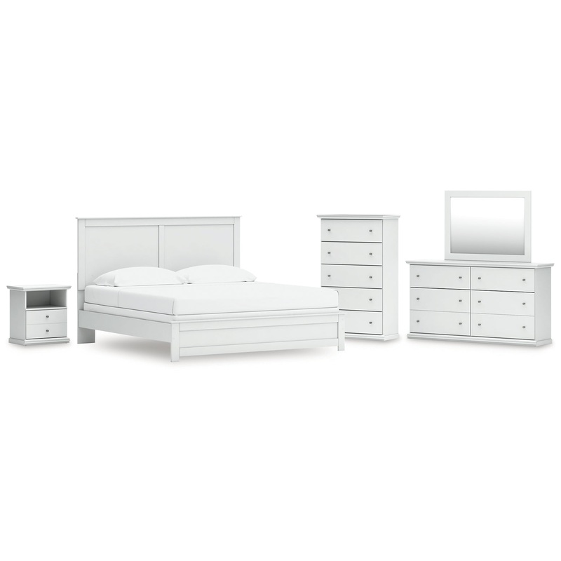 Bostwick Shoals King Panel Bed with Mirrored Dresser, Chest and Nightstand