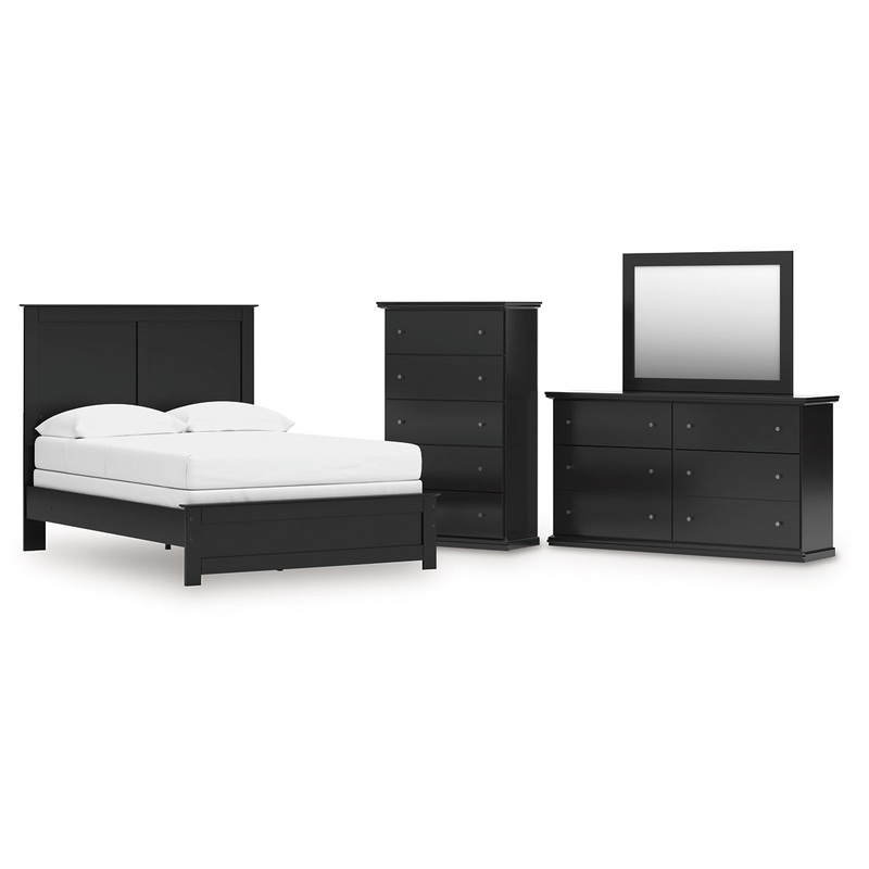 Full Panel Bed with Mirrored Dresser and Chest