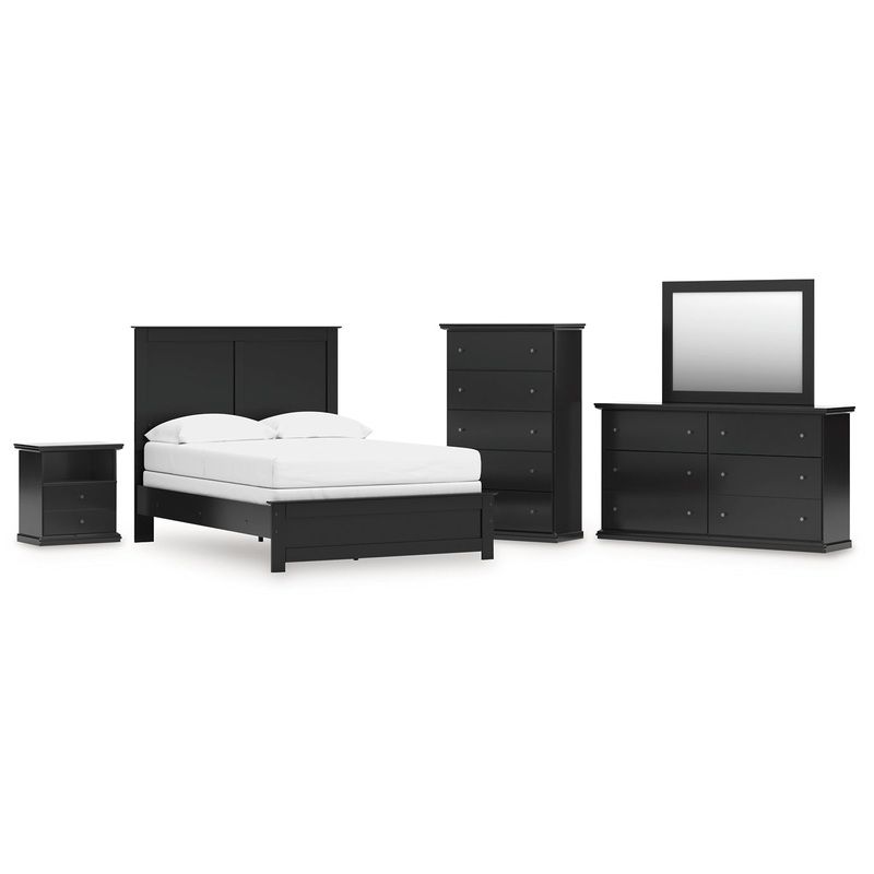 Full Panel Bed with Mirrored Dresser, Chest and Nightstand