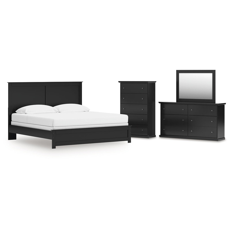 King Panel Bed with Mirrored Dresser and Chest