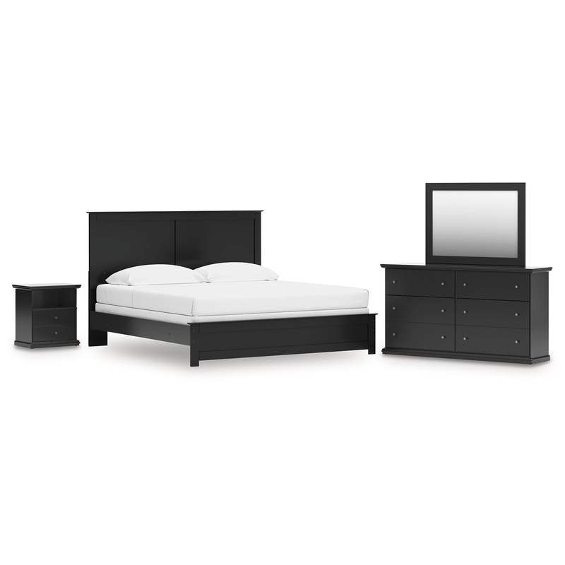 King Panel Bed with Mirrored Dresser and Nightstand