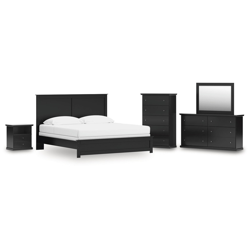 King Panel Bed with Mirrored Dresser, Chest and Nightstand