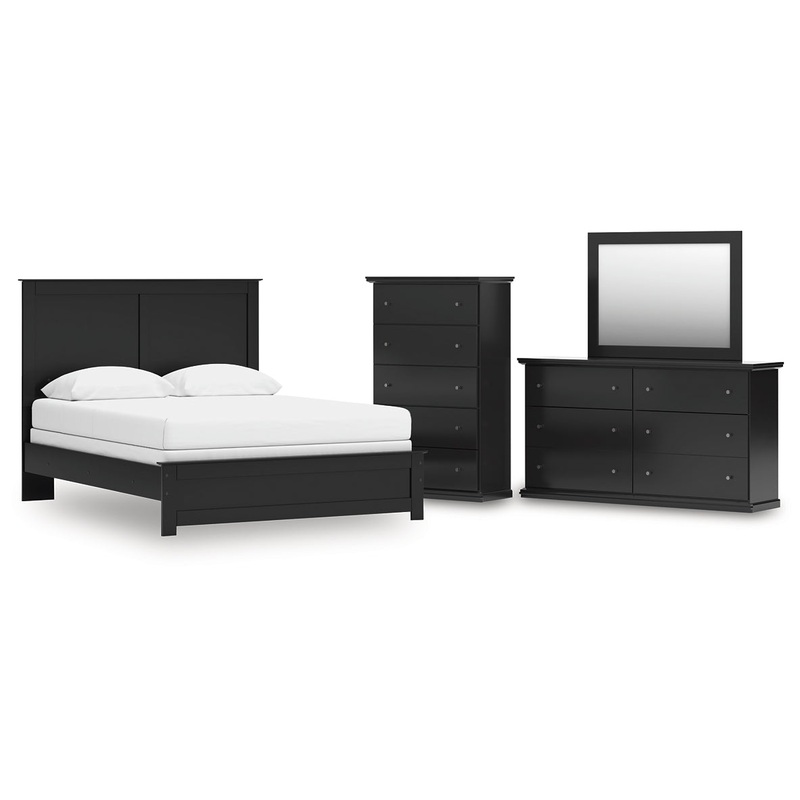 Queen Panel Bed with Mirrored Dresser and Chest
