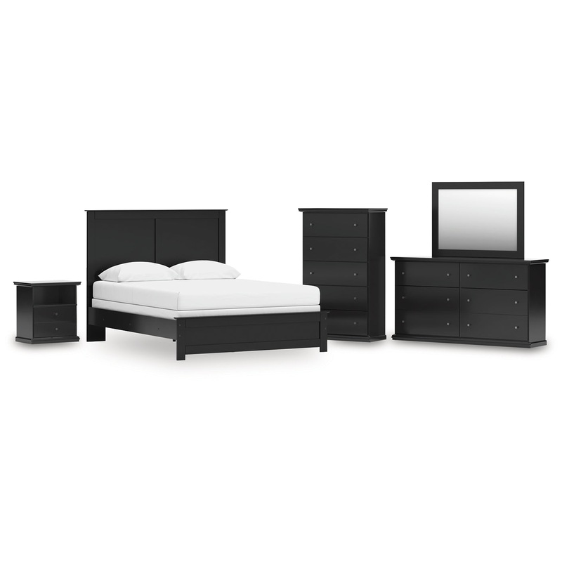 Queen Panel Bed with Mirrored Dresser, Chest and Nightstand