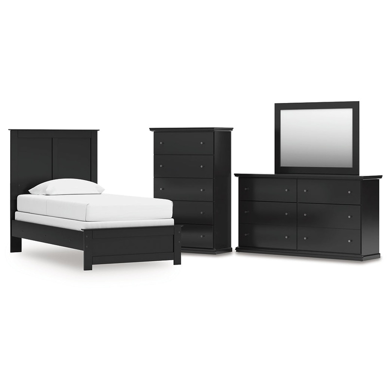 Twin Panel Bed with Mirrored Dresser and Chest
