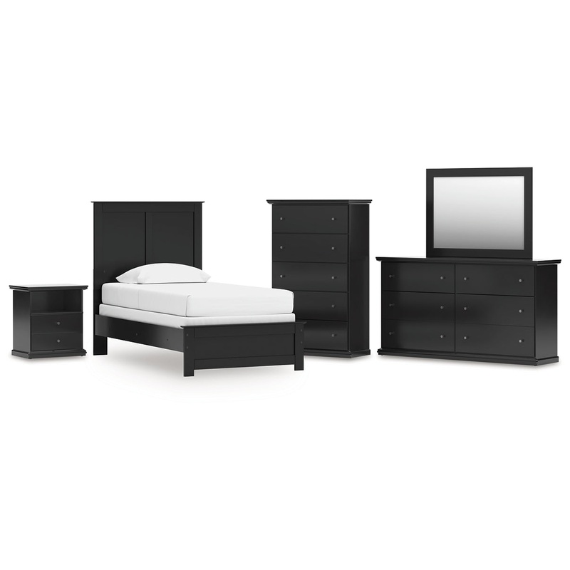 Twin Panel Bed with Mirrored Dresser, Chest and Nightstand