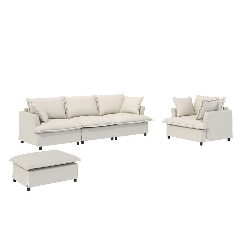 3 Piece Living Room Set Modular L Shaped Sectional Couch Upholstered, 3 Seater Sofa & Armchair & Movable Ottoman 5 Seat – Beige