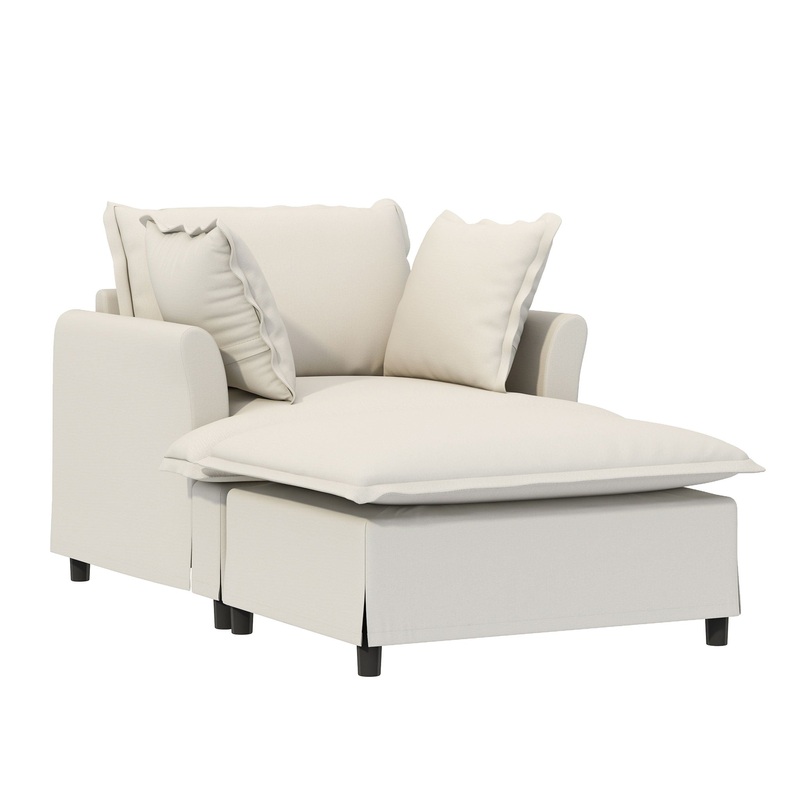 Oversized Chaise Lounge Indoor Single Sofa Bed With Wide Seat, Upholstered Lazy Sleeper Armchair With Movable Ottoman Reading Couch Set – Beige