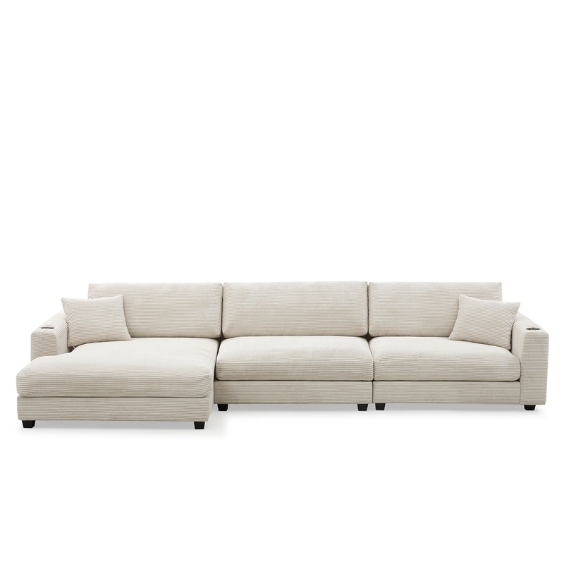 Oversized Sectional L Shaped Cloud Couch With USB Charging Port Cup Holder Deep And Wide Seat Sofa With Chaise Comfy – Beige