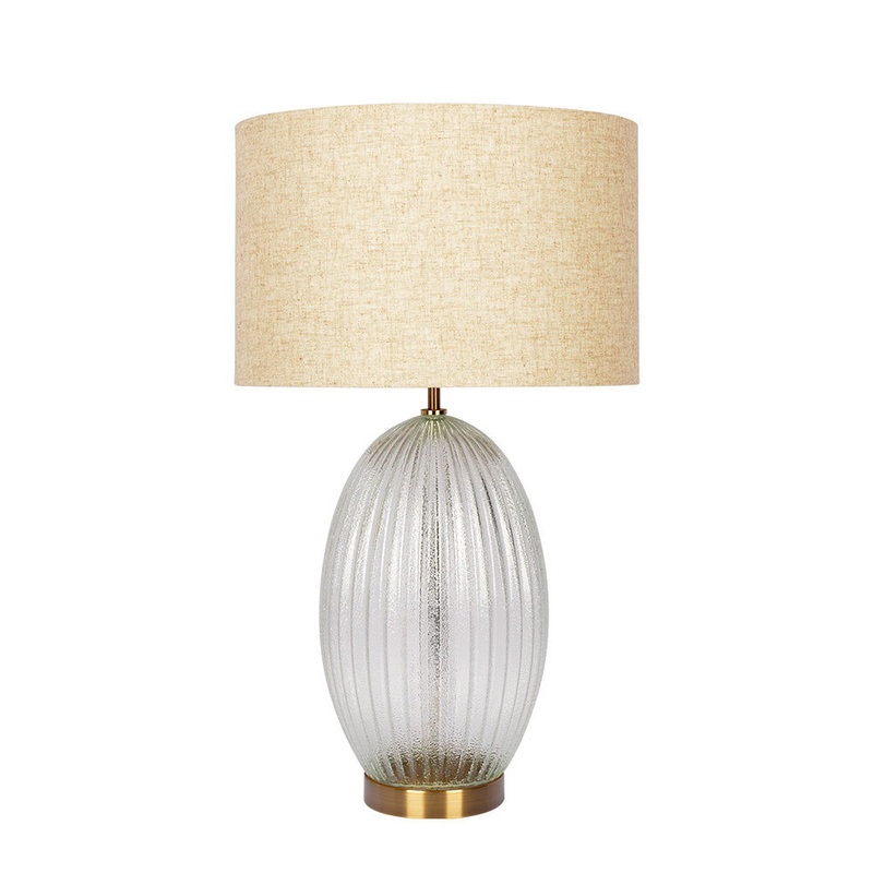 Aurora – Ribbed Lamp Base Clear Table Lamp Large Linen Shade – Beige / Clear / Gold