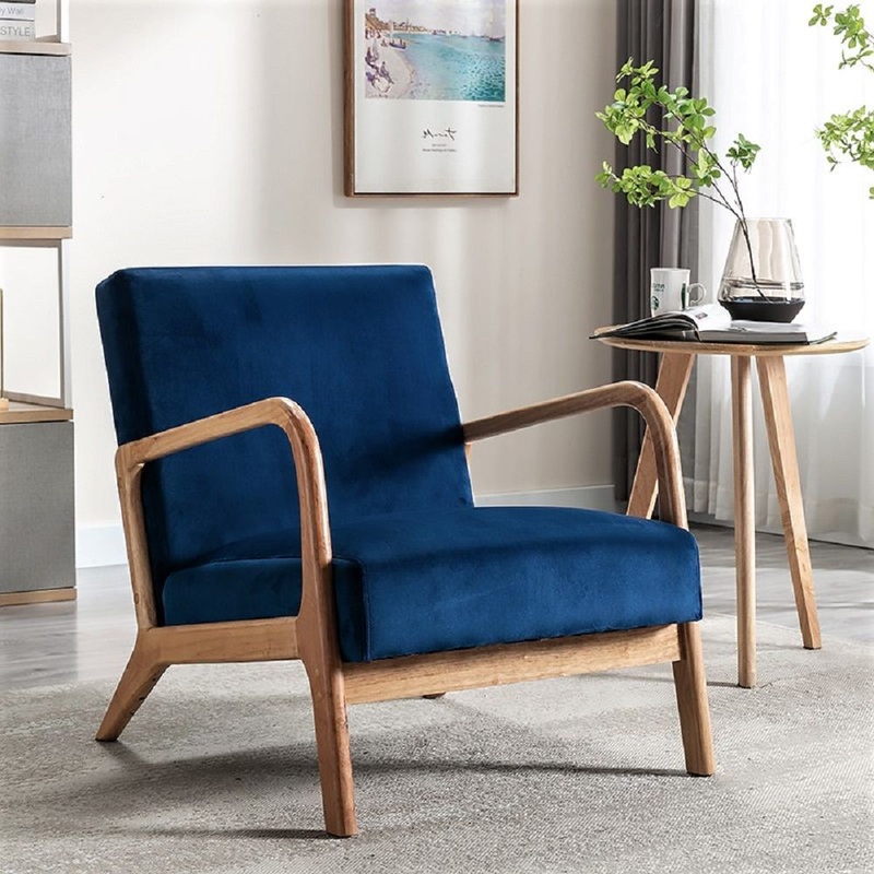 Classic Mid-Century Modern Accent Chairs, Open Framed Armchair With Cushioning – Blue