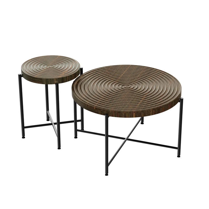 Coffee And End Table Set Waterproof Cover, Distressed Cylindrical Design, Legs Classic Rustic Charm (Set of 2) – Walnut Brown