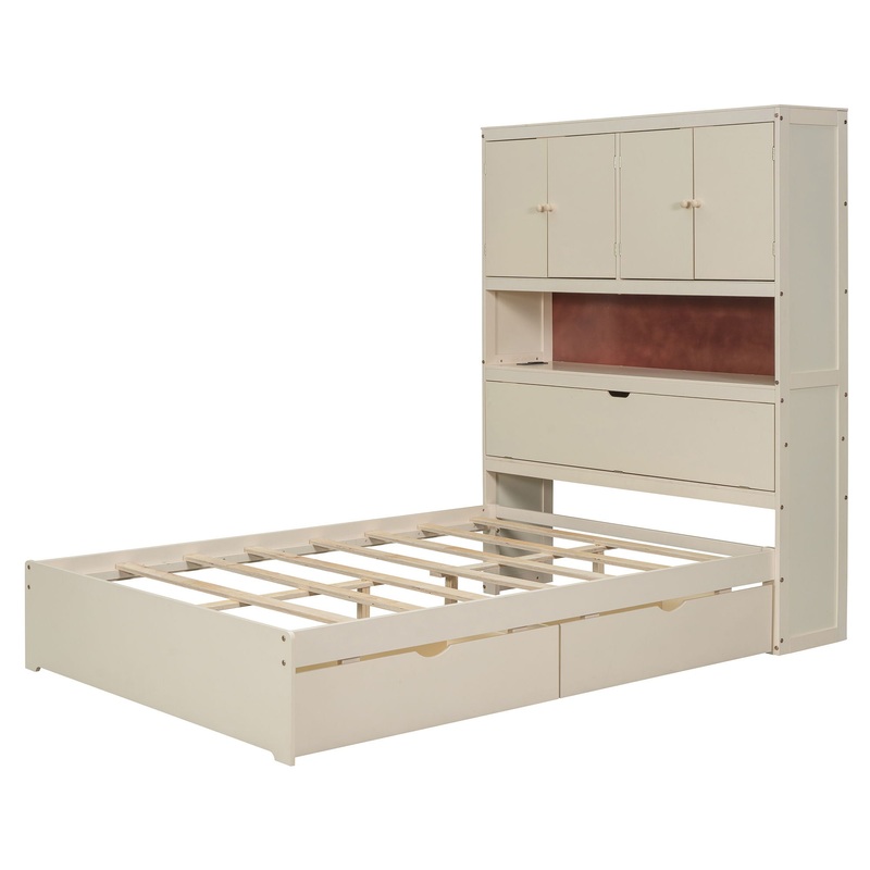 Full Size Platform Bed With USB, Storage Headboard & Drawers – White