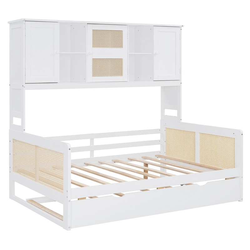 Full Size Wooden Daybed & Twin Size Trundle, And All In One Cabinet And Shelf – White