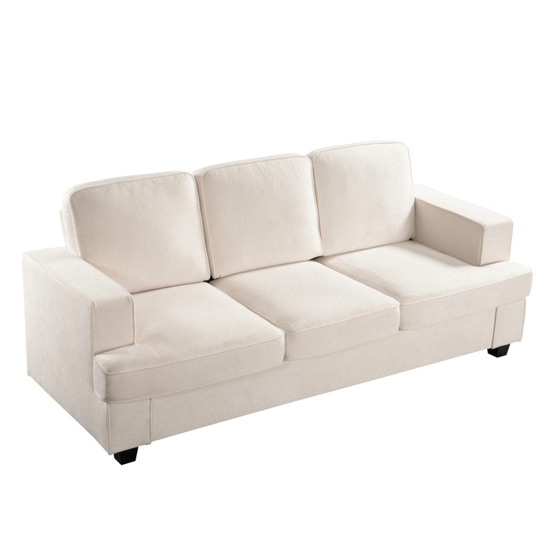 Modern Sofa, Comfortable 3 Seater Couch With Deep Seating, Loose Back Cushions, Wide Arms – Ivory