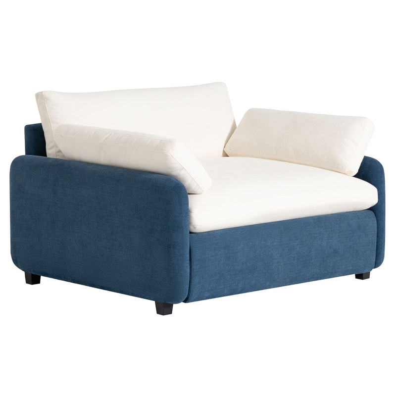 Oversized Single Sofa Chair Wide And Deep Seat, Modern Upholstered Comfy Blocking Couch Lounge With Pillows – Blue / Cream