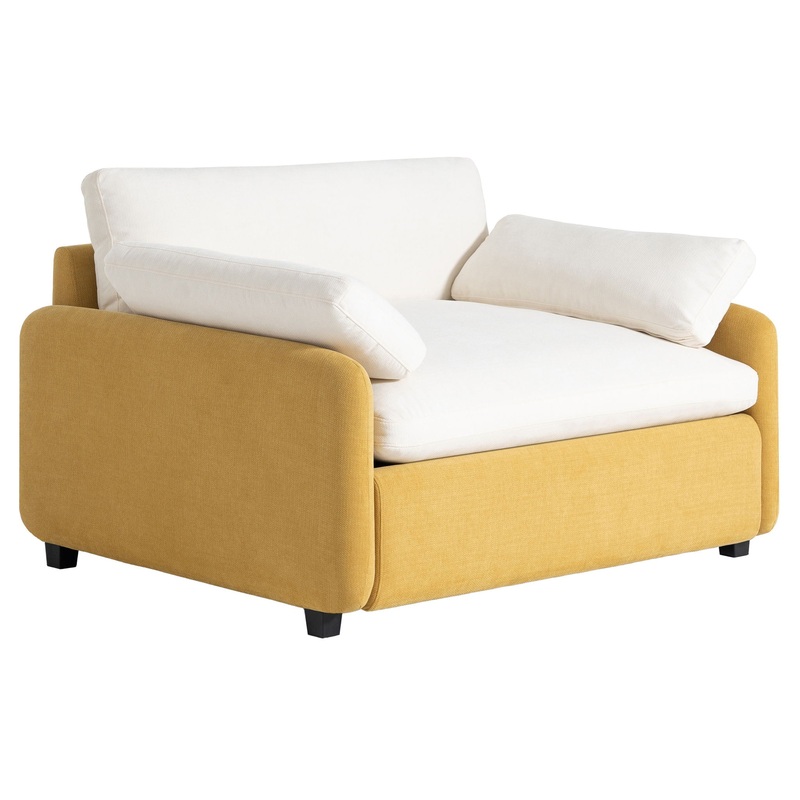 Oversized Single Sofa Chair Wide And Deep Seat, Modern Upholstered Comfy Blocking Couch Lounge With Pillows – Cream / Yellow