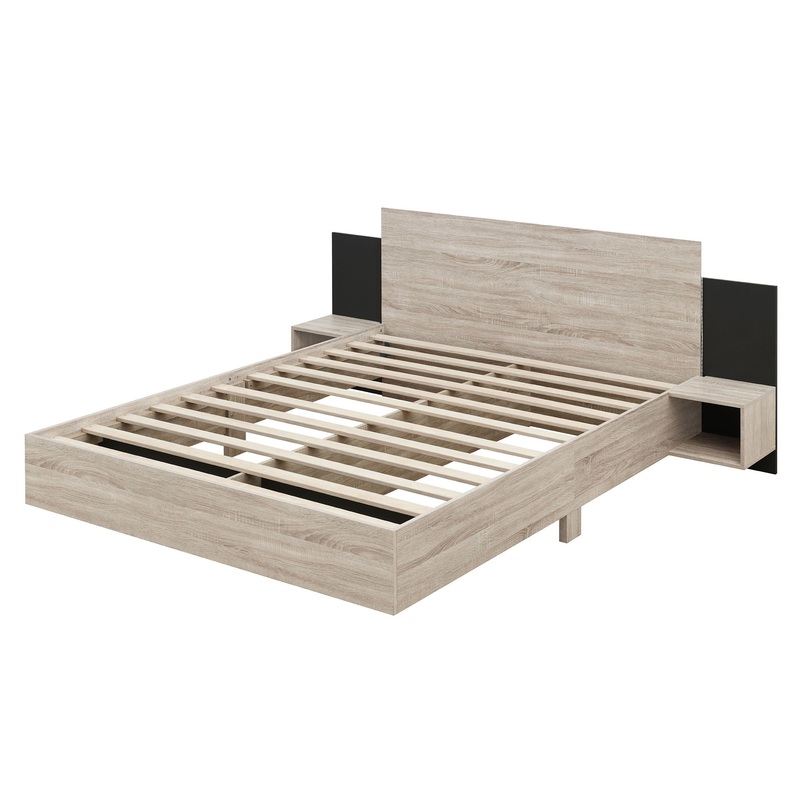 Queen Size Floating Platform Bed, With LED Lights, Bedside Nightstand – Natural