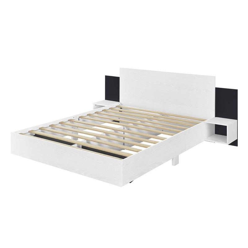 Queen Size Floating Platform Bed, With LED Lights, Bedside Nightstand – White