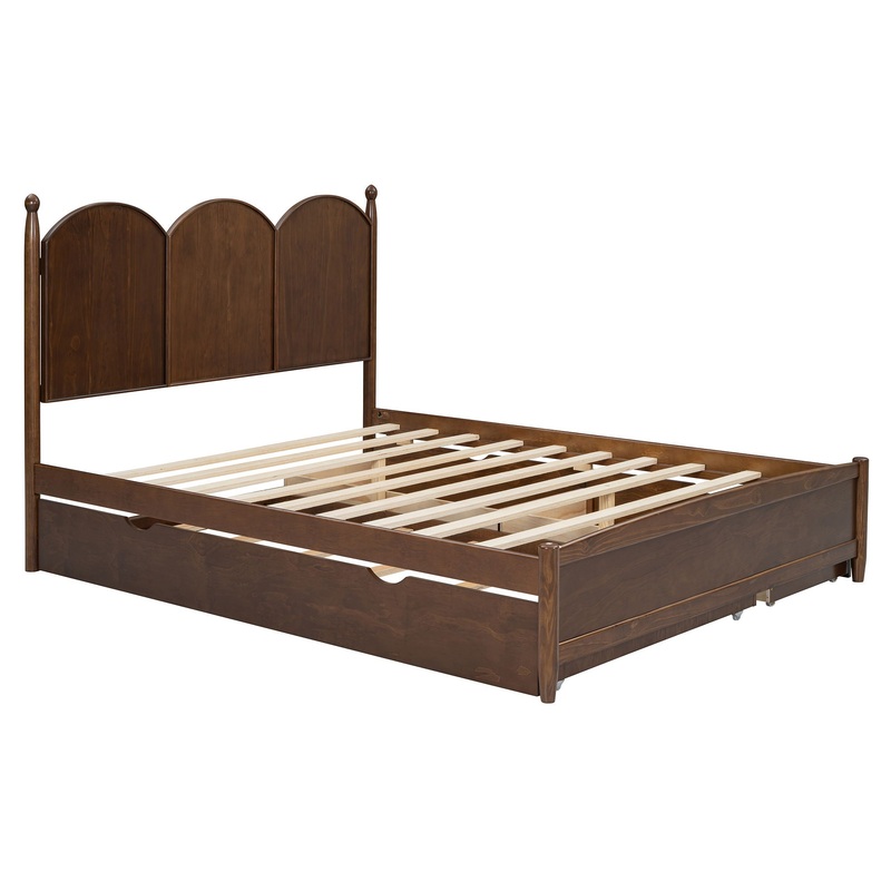 Queen Size Platform Bed With With 2 Big Drawers, Twin Long Size Trundle – Walnut
