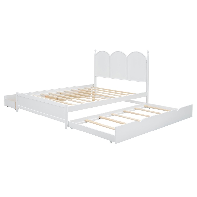 Queen Size Platform Bed With With 2 Big Drawers, Twin Long Size Trundle – White