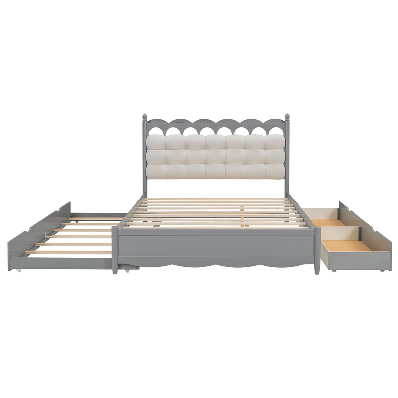 Queen Size Storage Platform Bed, With 2 Big Drawers, Twin Long Size Trundle, One Set Of Sockets & USB Ports – Gray