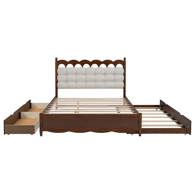 Queen Size Storage Platform Bed, With 2 Big Drawers, Twin Long Size Trundle, One Set Of Sockets & USB Ports – Walnut