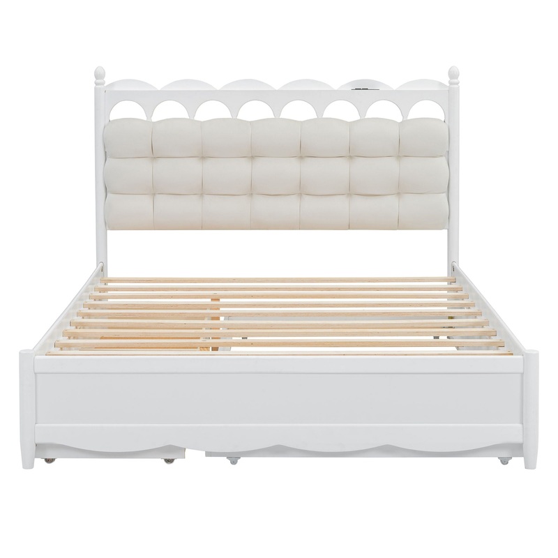 Queen Size Storage Platform Bed, With 2 Big Drawers, Twin Long Size Trundle, One Set Of Sockets & USB Ports – White