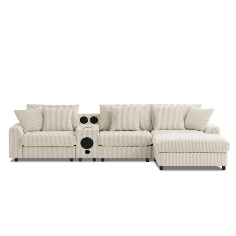 Sectional With Bluetooth Speakers L Shaped Couch With Console USB Charger, Cup Holders Storage Ottoman Deep And Wide Seat Cloud Sofa – Cream