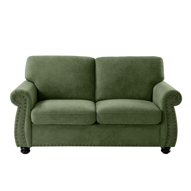 Soft Loveseat, Upholstered 2 Seater Couch, Loose Back Cushions And Turned Legs – Green
