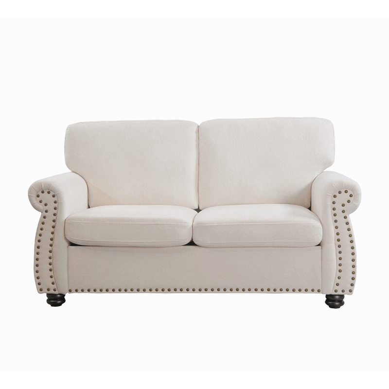 Soft Loveseat, Upholstered 2 Seater Couch, Loose Back Cushions And Turned Legs – Ivory