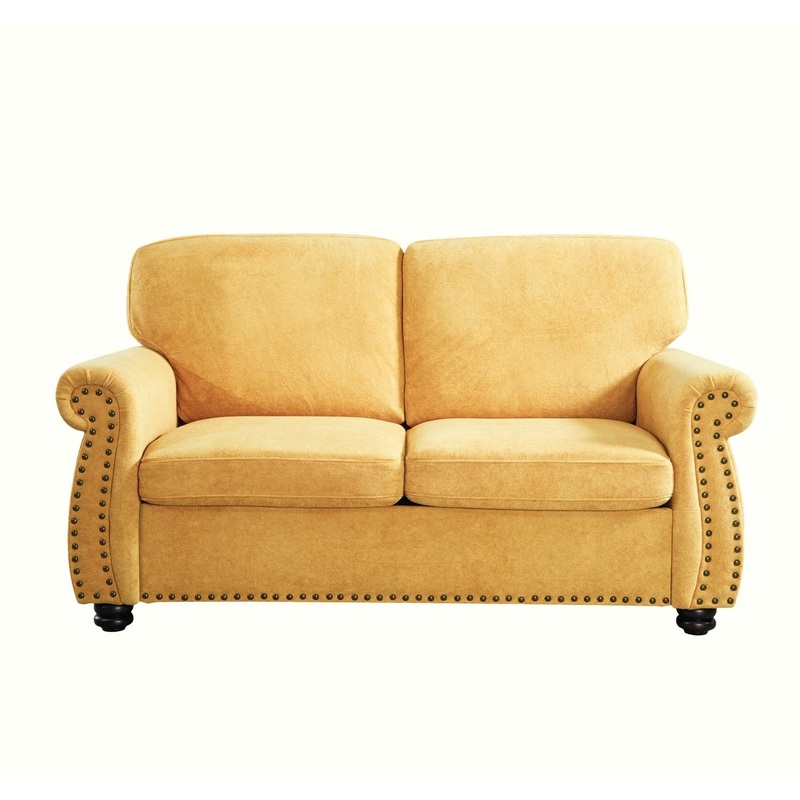 Soft Loveseat, Upholstered 2 Seater Couch, Loose Back Cushions And Turned Legs – Mustard Yellow