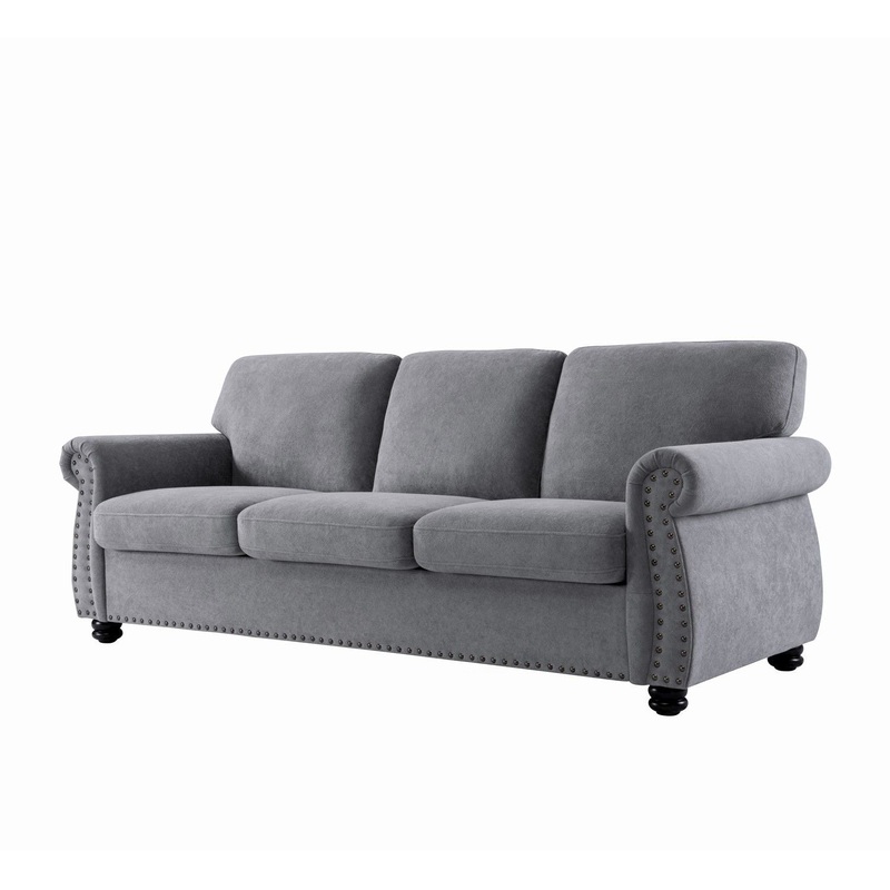 Soft Sofa, Upholstered 3 Seater Couch, Loose Back Cushions And Turned Legs – Gray