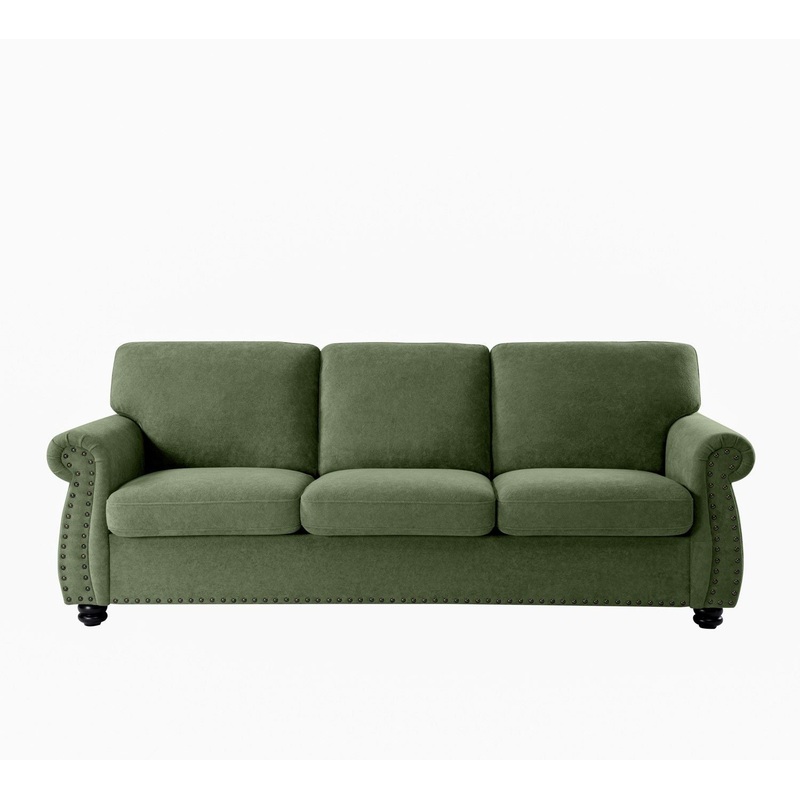 Soft Sofa, Upholstered 3 Seater Couch, Loose Back Cushions And Turned Legs – Green