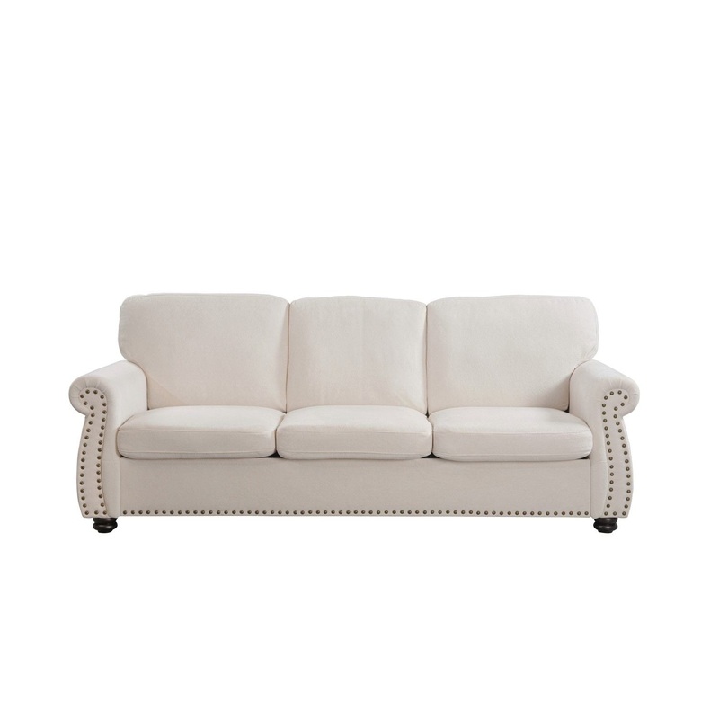 Soft Sofa, Upholstered 3 Seater Couch, Loose Back Cushions And Turned Legs – Ivory