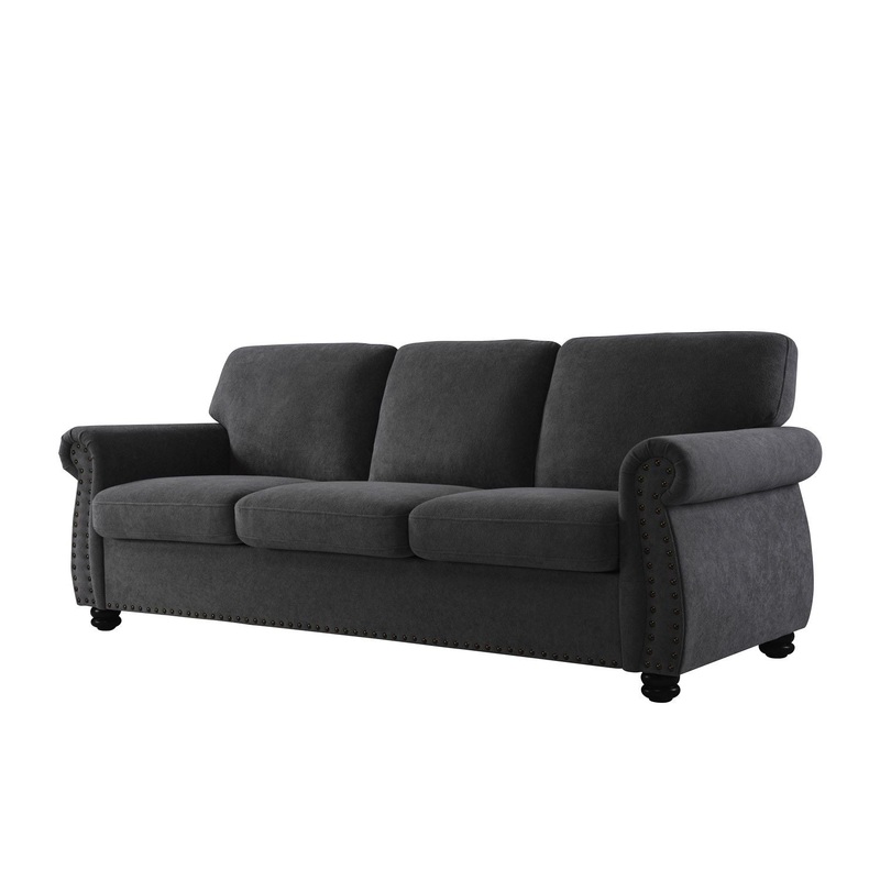 Soft Sofa, Upholstered 3 Seater Couch With High Density Foam, Loose Back Cushions And Turned Legs – Black