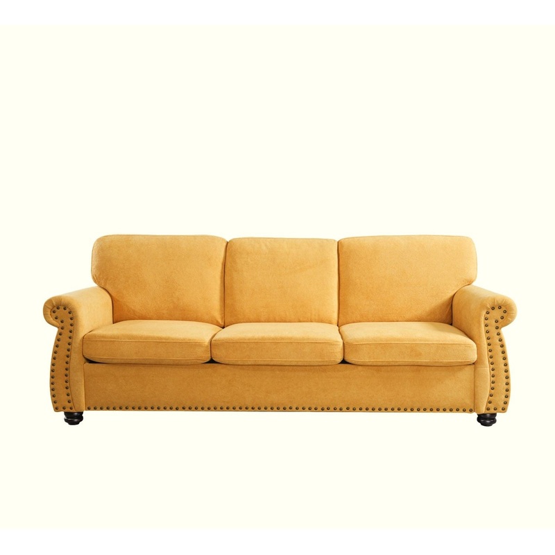 Soft Sofa, Upholstered 3 Seater Couch With High Density Foam, Loose Back Cushions And Turned Legs – Mustard Yellow
