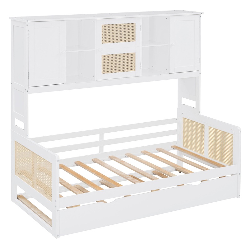Twin Size Wooden Daybed & Twin Size Trundle, And All In One Cabinet And Shelf – White