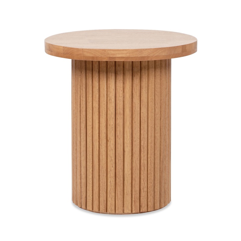 Kenzie – Fluted Pillar Round Accent Side Table – Light Natural Brown