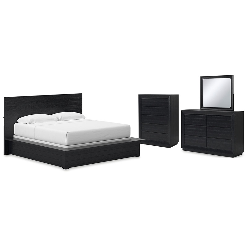 Londer California King Panel Bed with Mirrored Dresser and Chest
