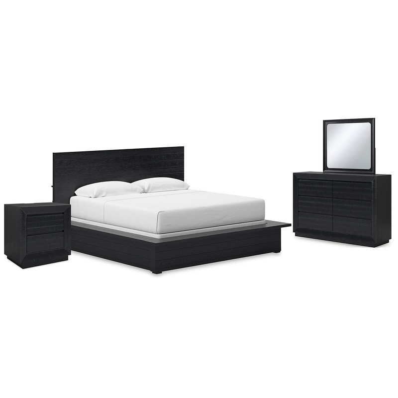 Londer California King Panel Bed with Mirrored Dresser and Nightstand