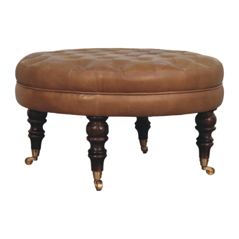 Buffalo – Leather Round Ottoman With Castor Legs – Brown