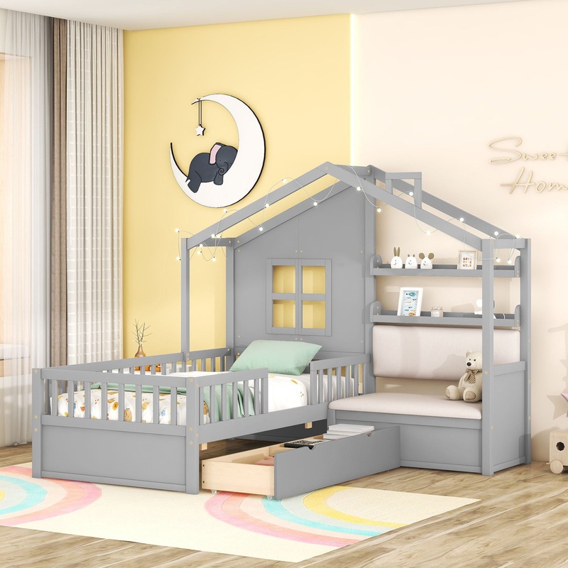 House Bed With Sofa, Kids Platform Bed With 2 Drawers And Storage Shelf