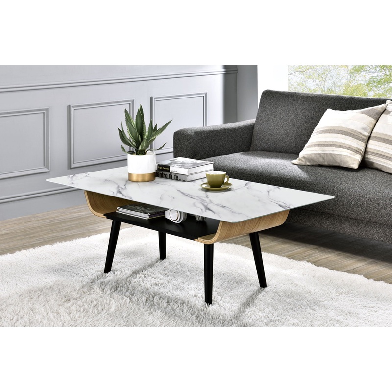 Landon – Coffee Table With Glass Marble Texture Top And Bent Wood Design