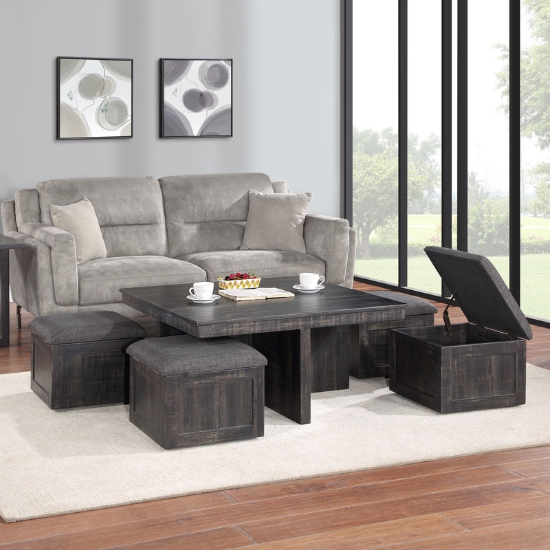 Moseberg – Coffee Table Set|Dark Gray|5 Pc. Coffe Table, 4 Storage Stools
